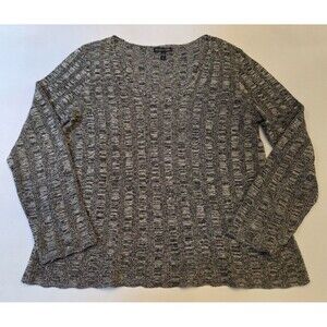 Eileen Fisher Sweater Womens Small Silk Organic Linen Blend V Neck Gray/Black